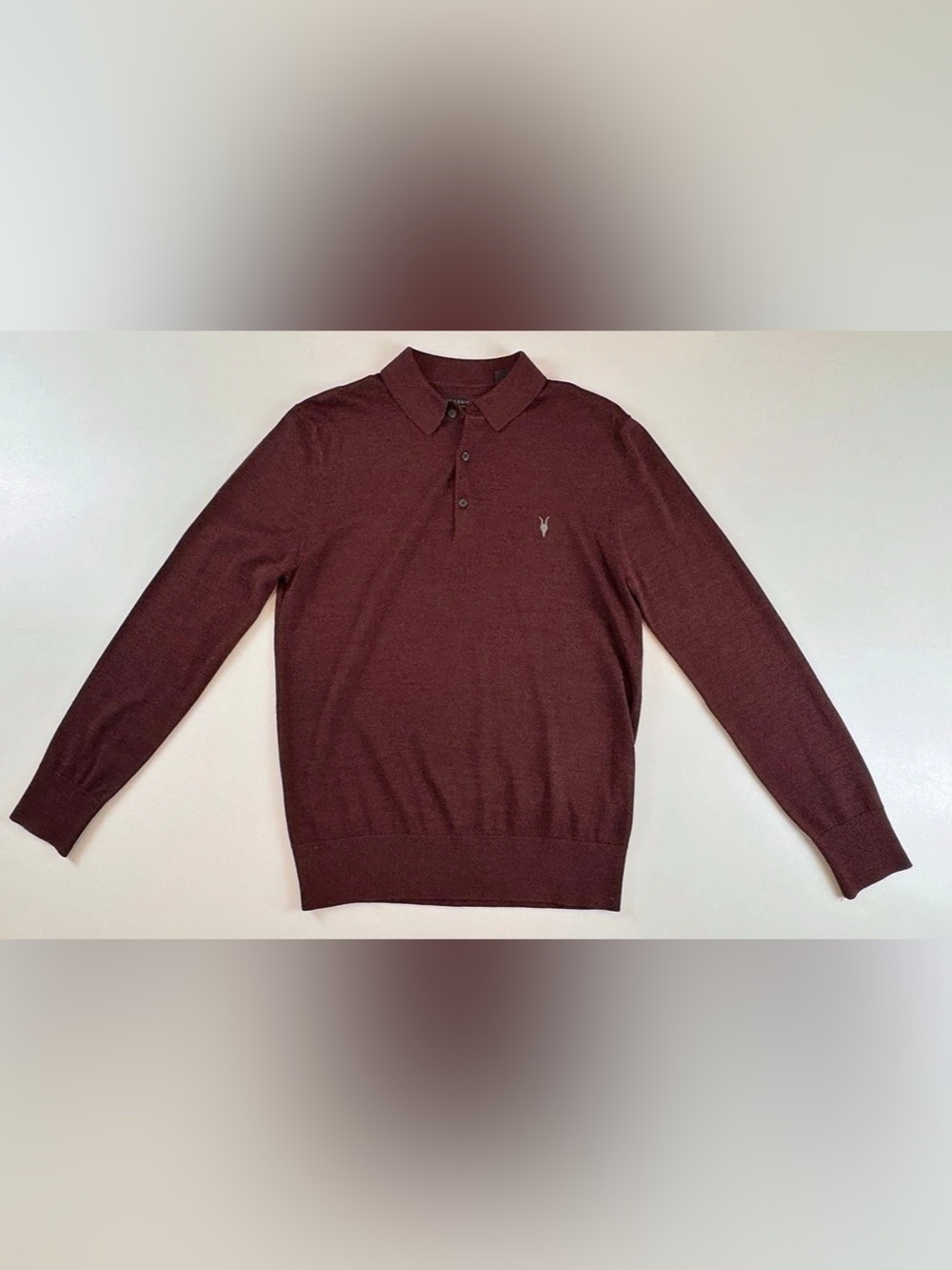 AllSaints Merino Wool Long-Sleeve Polo Sweater Burgundy Medium